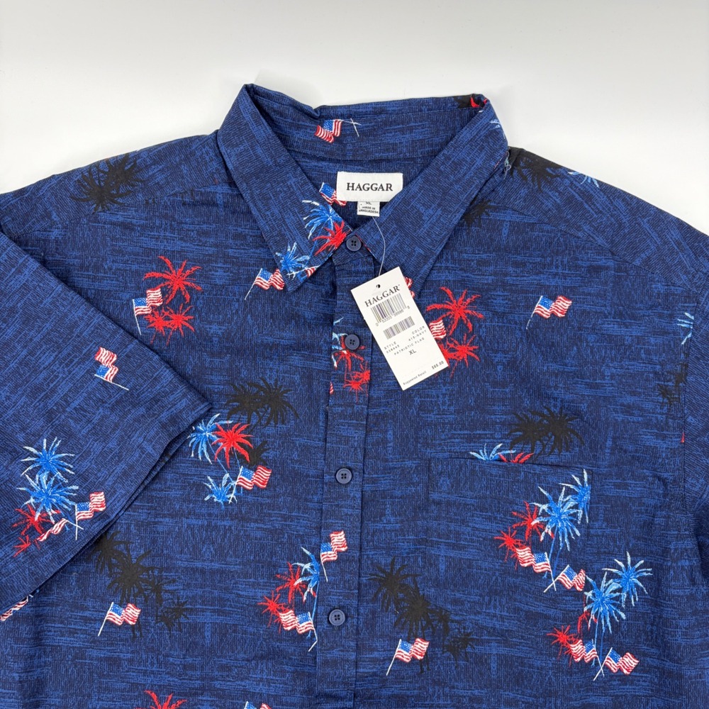 NEW Haggar Mens XL Patriotic Flag Fireworks Short Sleeve Button Shirt 4th July